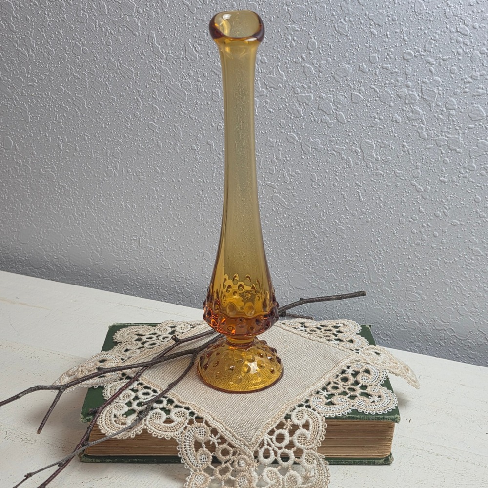 Vintage Fenton Amber Swung Glass Bud Vase Mid Century Modern Hobnail Base